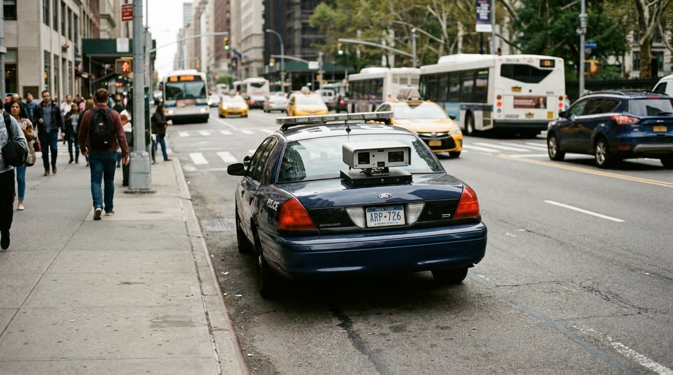 A police vehicle on a city street, showing the automatic license plate reader cameras mounted on the rear of the car.