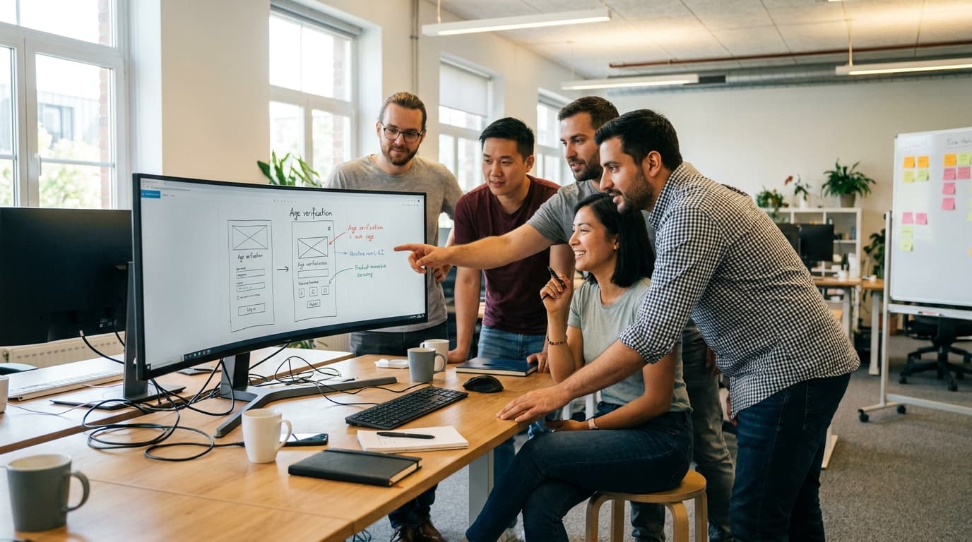 A group of developers in an office meeting discusses an age verification design on a large computer screen.