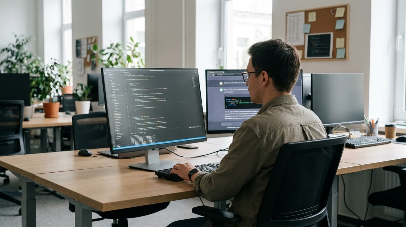 A developer at their desk reviews code on one screen while an AI coding assistant provides suggestions on a second screen.