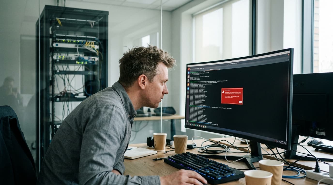 A person in an office environment reviews security alerts on a computer screen with server racks in the background.
