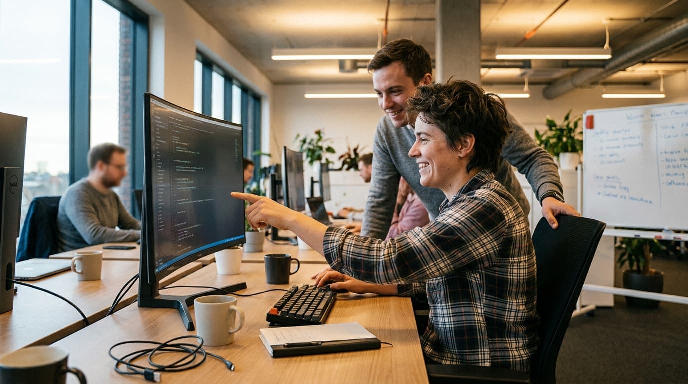Two software engineers in an office look happily at a computer screen displaying code, indicating a successful project.