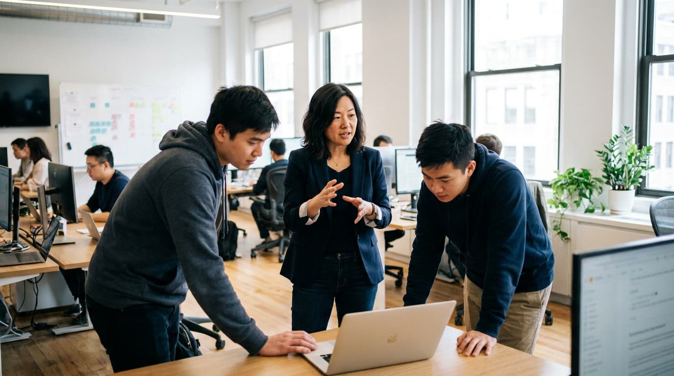Y Combinator's new Managing Partner, Diana Hu, discusses a project on a laptop with two startup founders in an office.