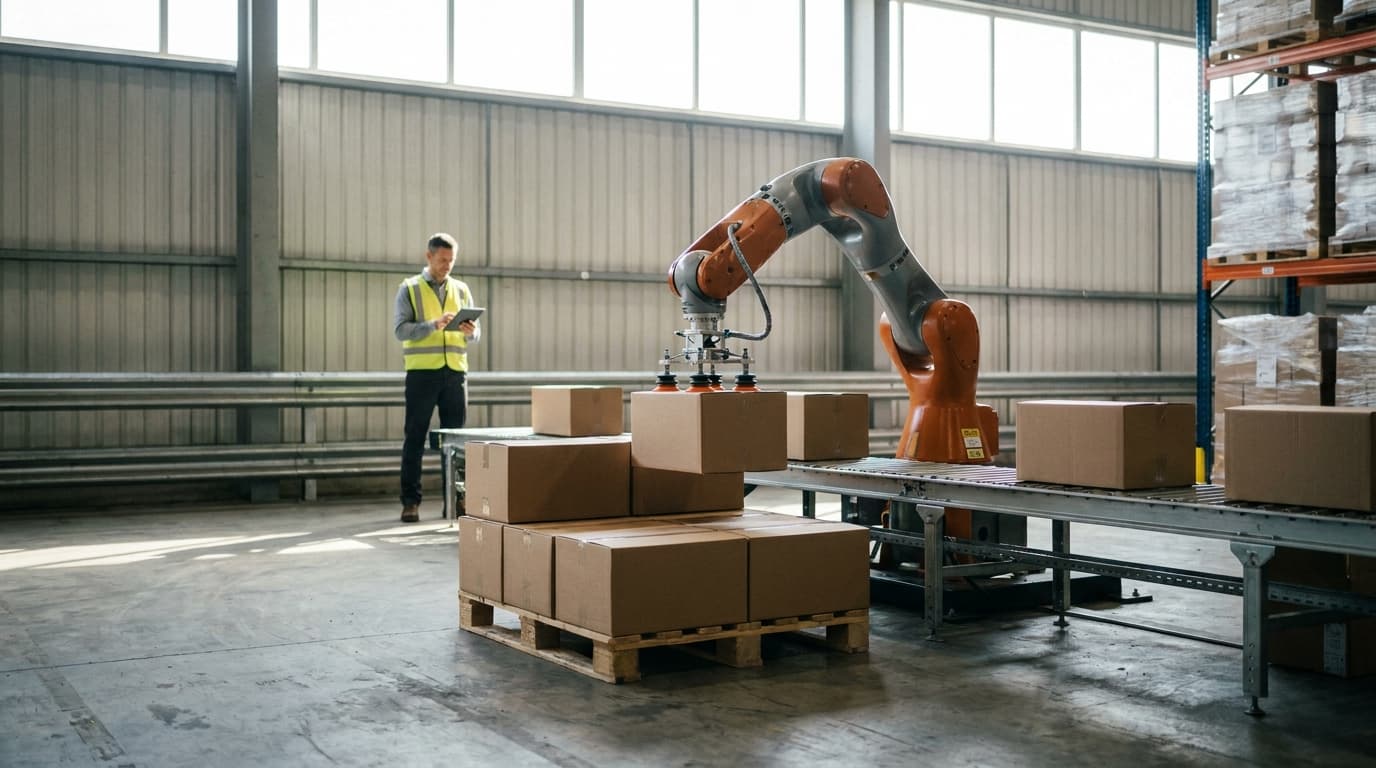 A robotic arm operates on a conveyor belt inside a well-lit warehouse, observed by a manager holding a tablet.