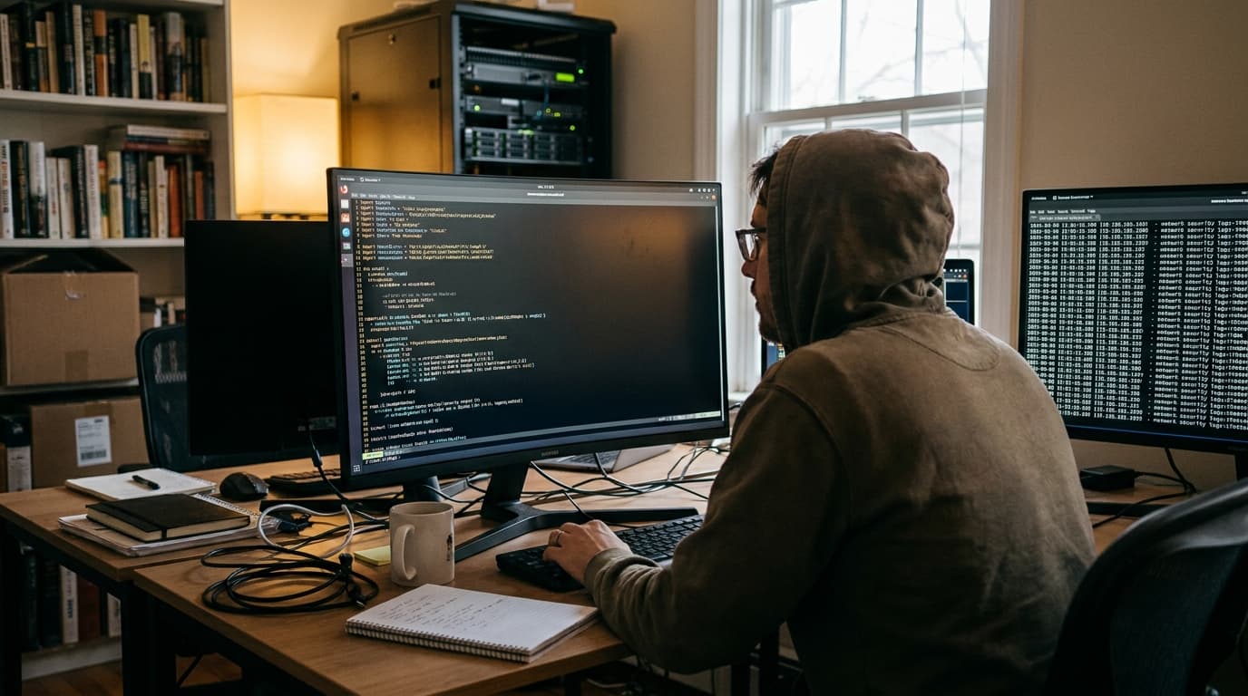 A developer sits at a desk and reviews Haskell code on a computer screen in a modern office setting.