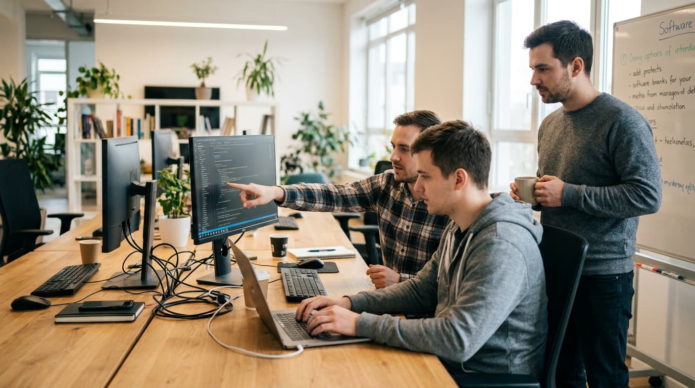 A small group of diverse software developers collaborating on a project in a modern, sunlit office space.