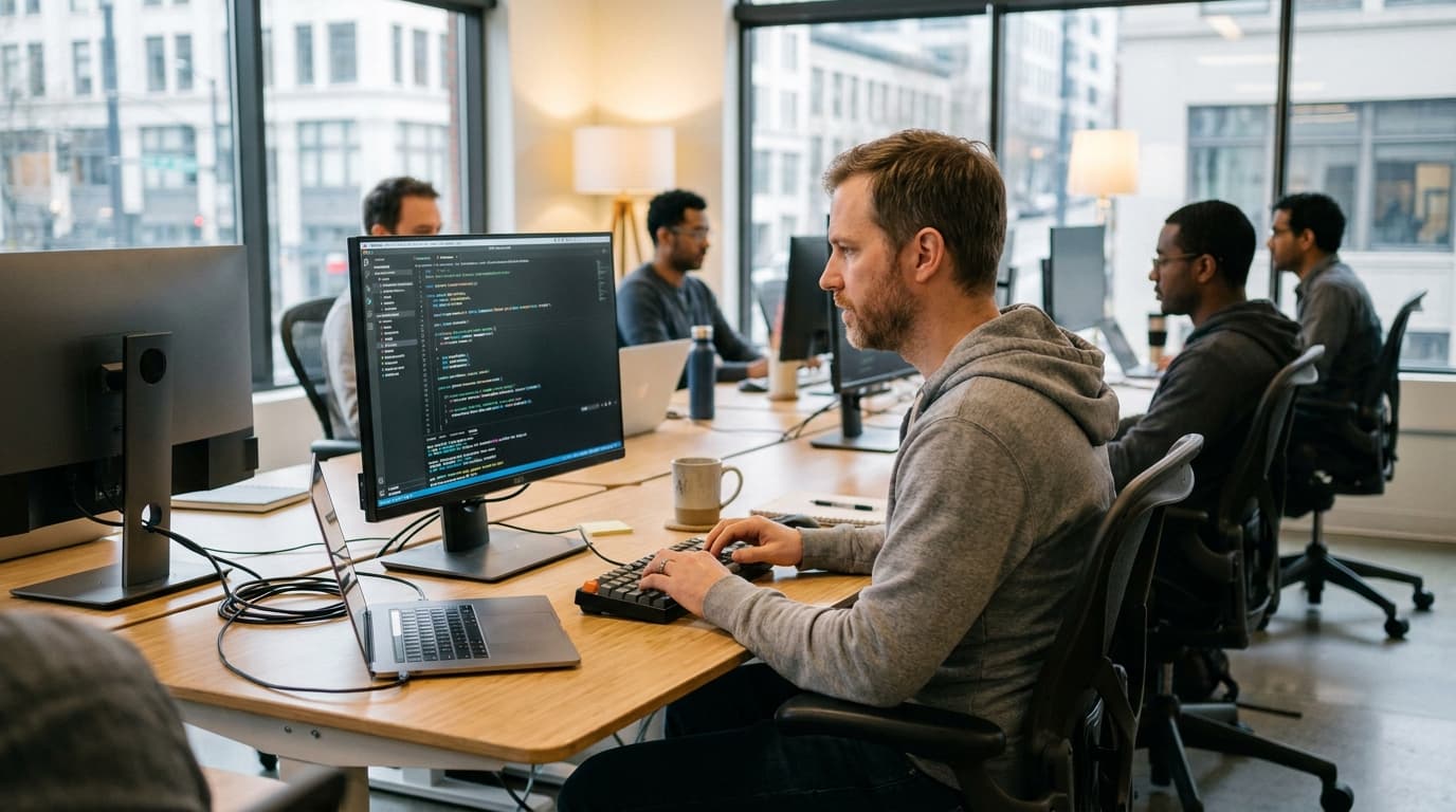 A developer focused on their computer screen which shows complex code, working at a desk in a bright, modern office.