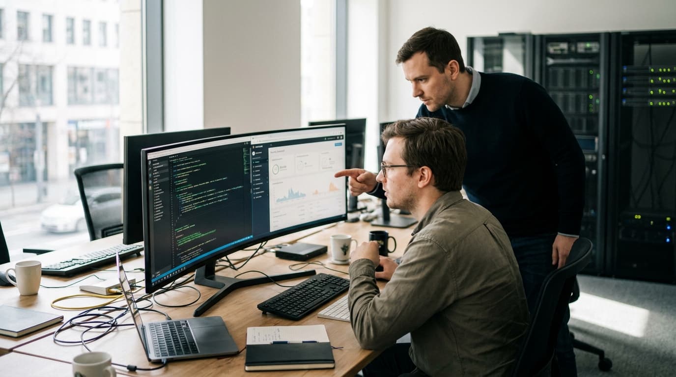 A security engineer and a colleague review code on a computer monitor in an office setting.