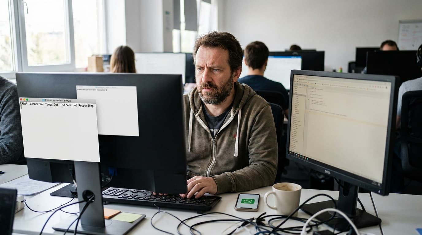An office worker looks at a computer monitor with an error message, frustrated by the Meta services outage.