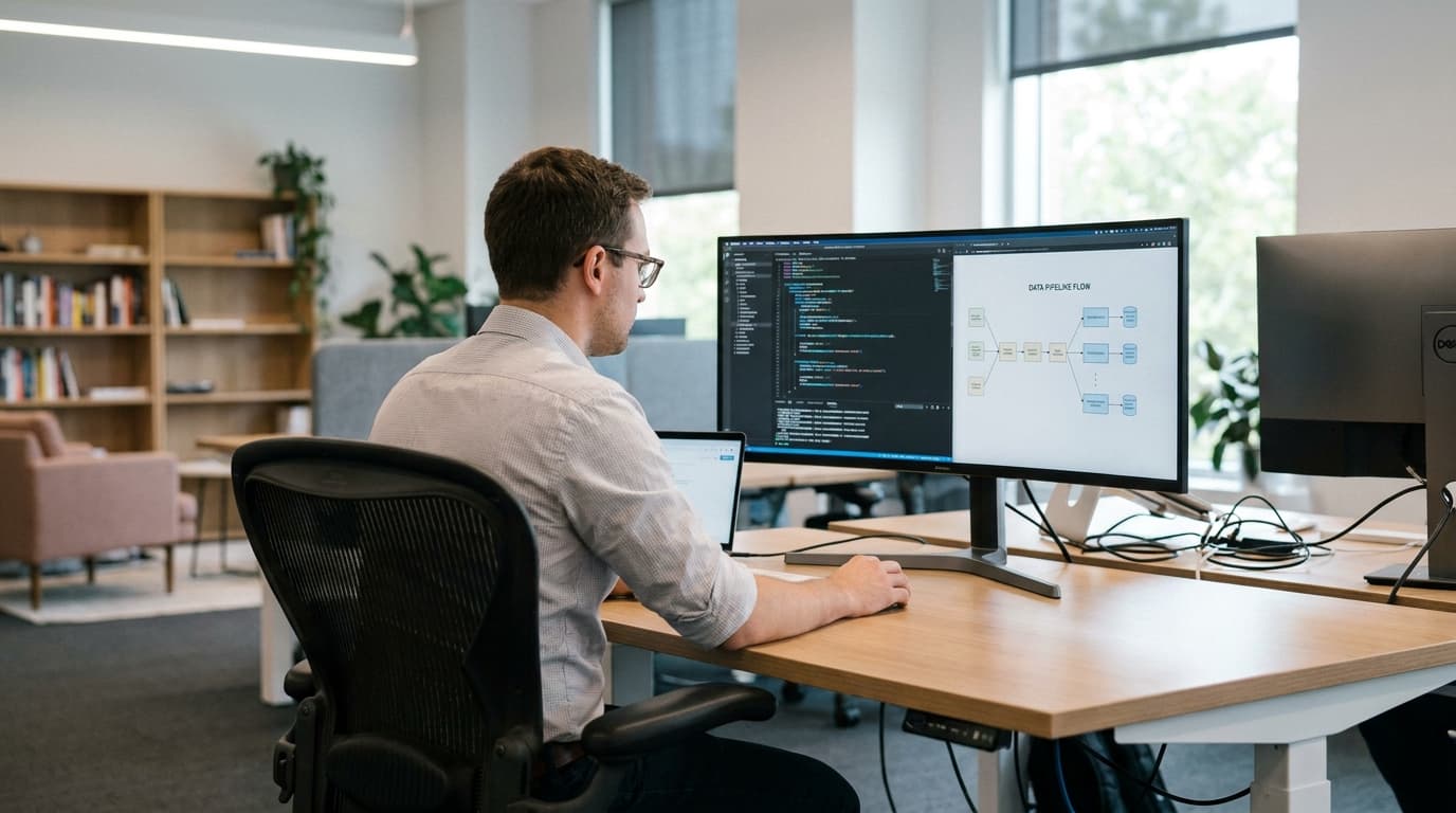 A data engineer works on a data pipeline architecture on a large computer monitor in a modern office setting.