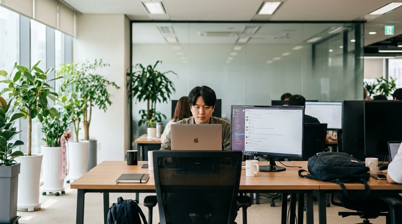 A Samsung employee works on a laptop at a desk in a brightly lit, modern corporate office.