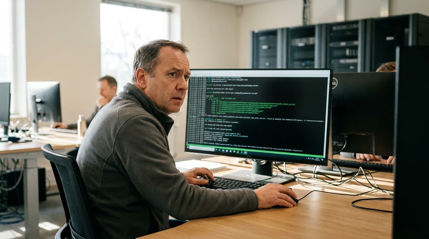 A developer carefully reviews a package build script on a computer monitor in an office setting.