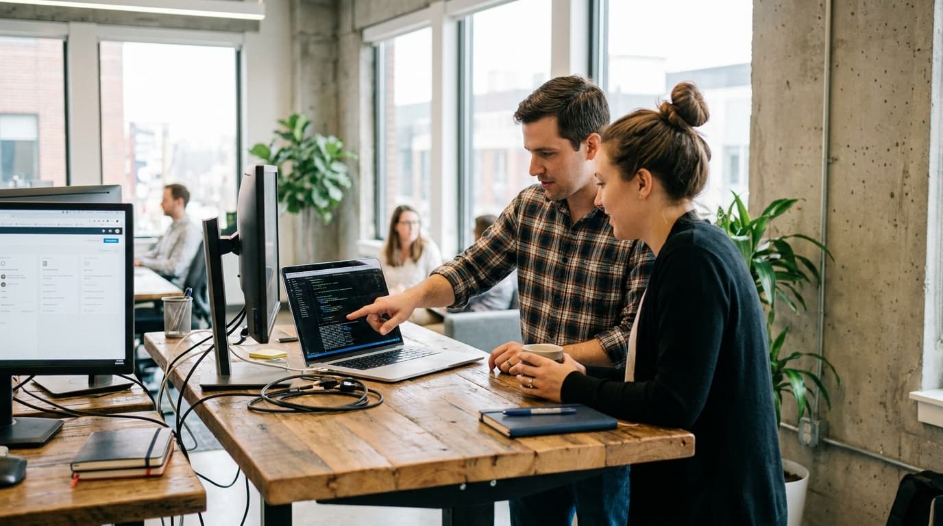 Two engineers discuss a project on a laptop while working together in a bright, modern office space.