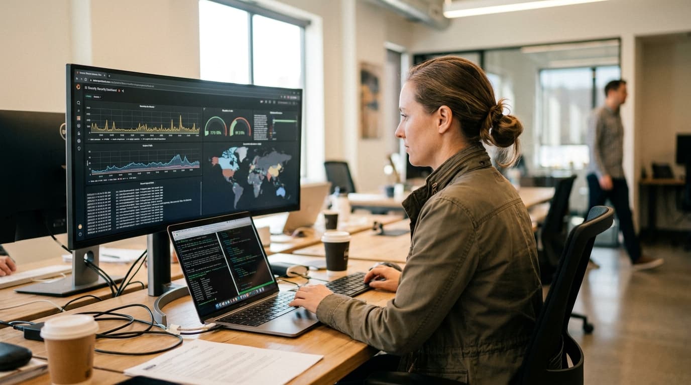 A security analyst reviews data on a large dashboard monitor in an office setting.