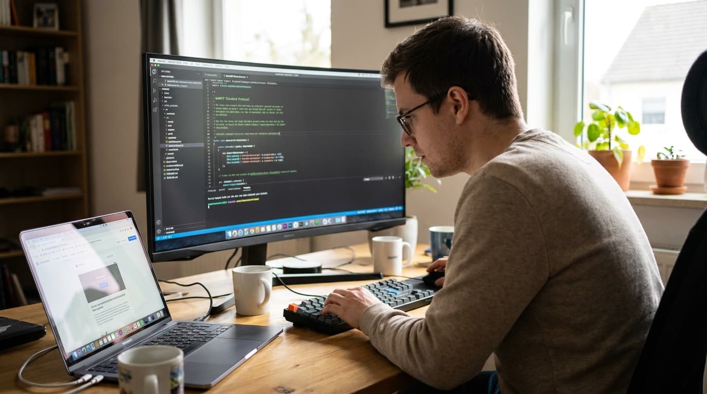 A developer sits at a desk with two screens, one showing lines of code and the other showing a web browser.