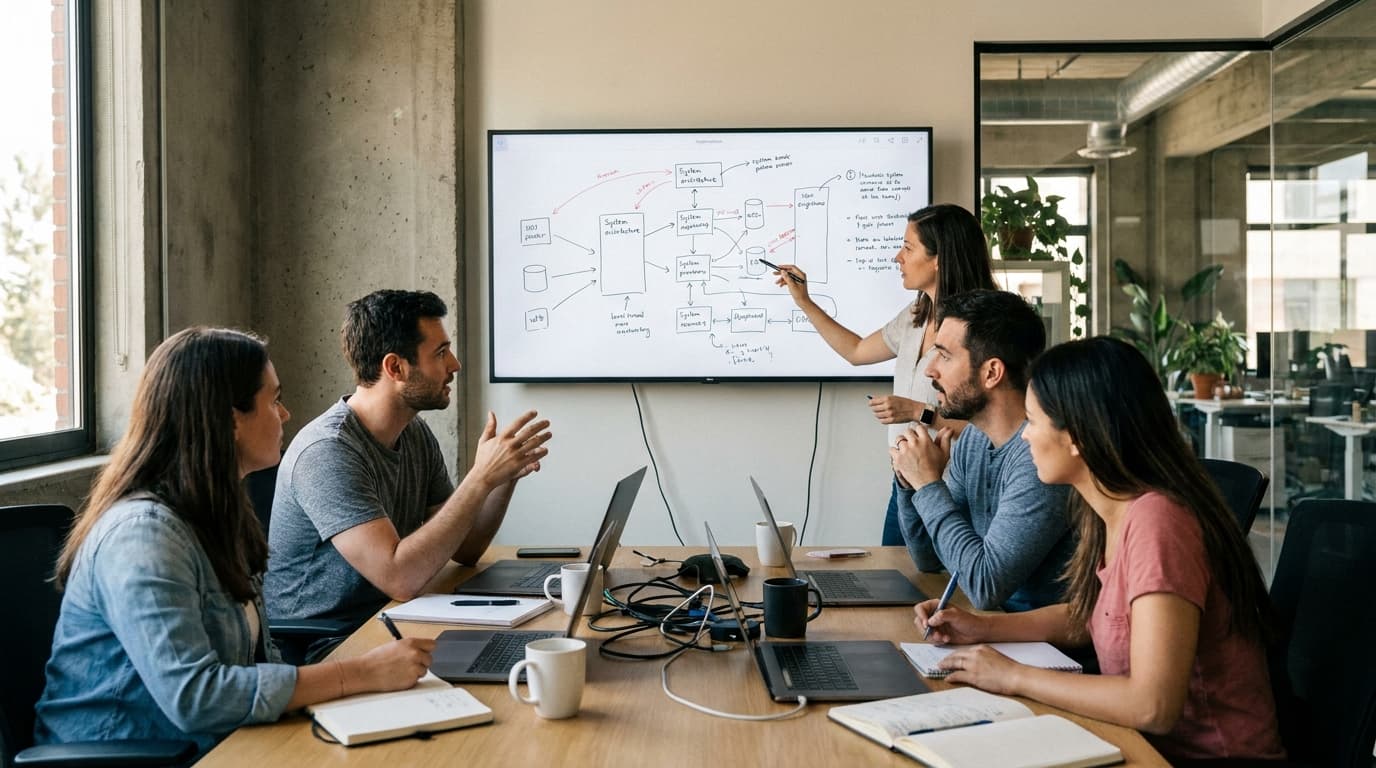 A group of software engineers collaborates in a meeting room, pointing at a large screen showing technical diagrams.