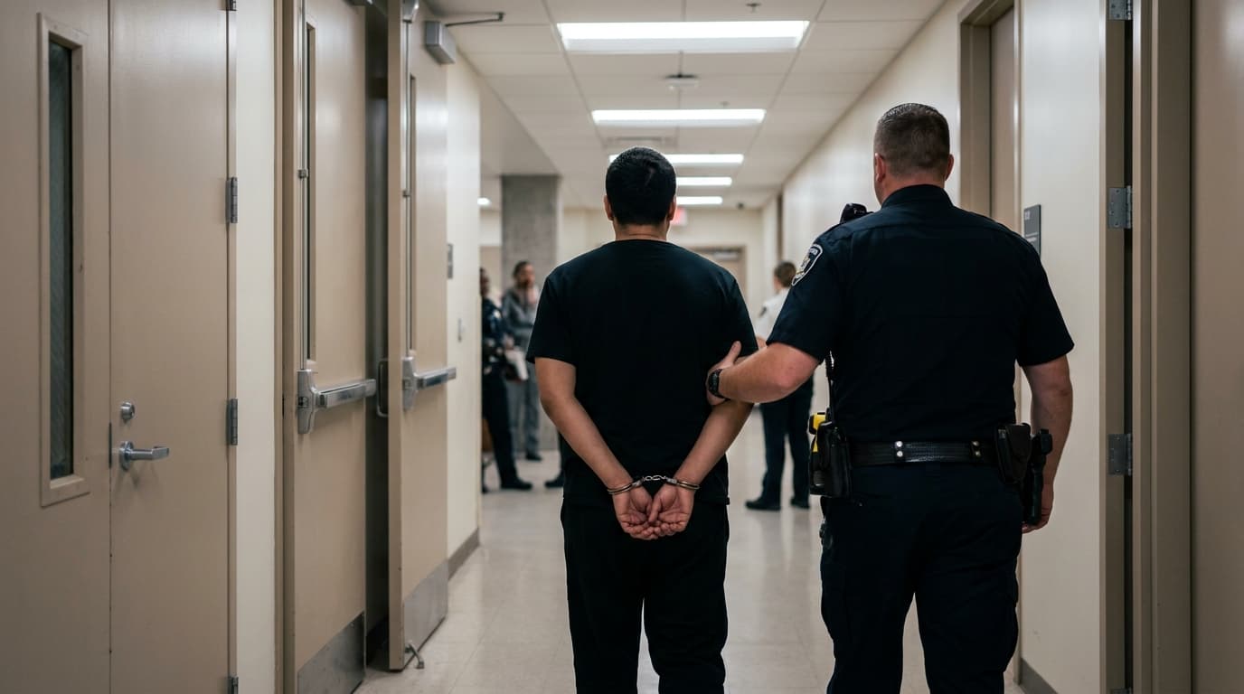 A person in handcuffs being escorted by a law enforcement officer down the hallway of a courthouse.