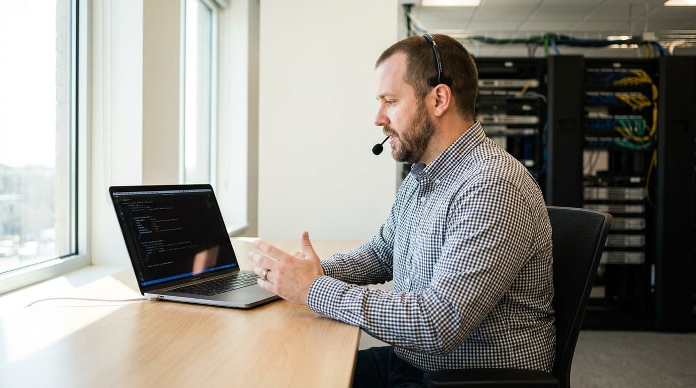 A DevOps engineer at their desk uses a headset to interact with an AI assistant while viewing Terraform code on a laptop.
