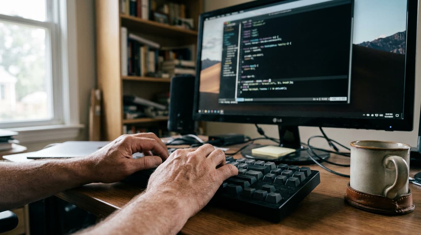 A developer's hands on a keyboard with the Vim Classic code editor visible on a computer screen in a softly lit room.