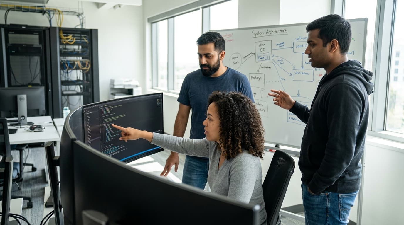 A team of software engineers collaborates on infrastructure code displayed on a large monitor in their office.