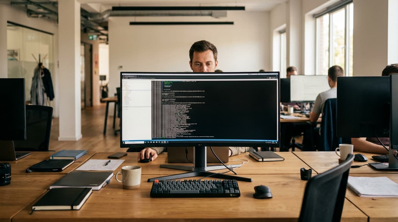 A software engineer watches as an AI coding agent writes code in a terminal window on their computer monitor.