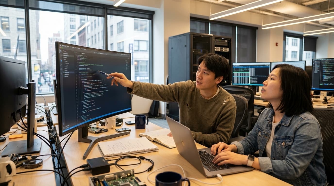 Two AI researchers collaborate in an office, one pointing at code on a monitor while the other types on a laptop.