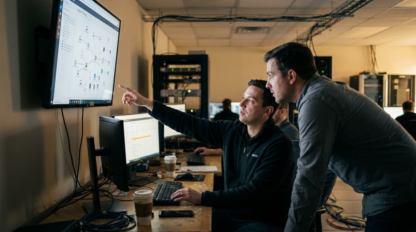 Two cybersecurity analysts in an office work together, pointing at data displayed on a large wall-mounted monitor.