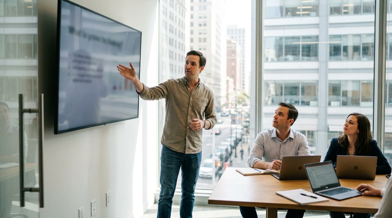 A founder presents a business strategy on a screen to two investors sitting at a conference table in a bright office.