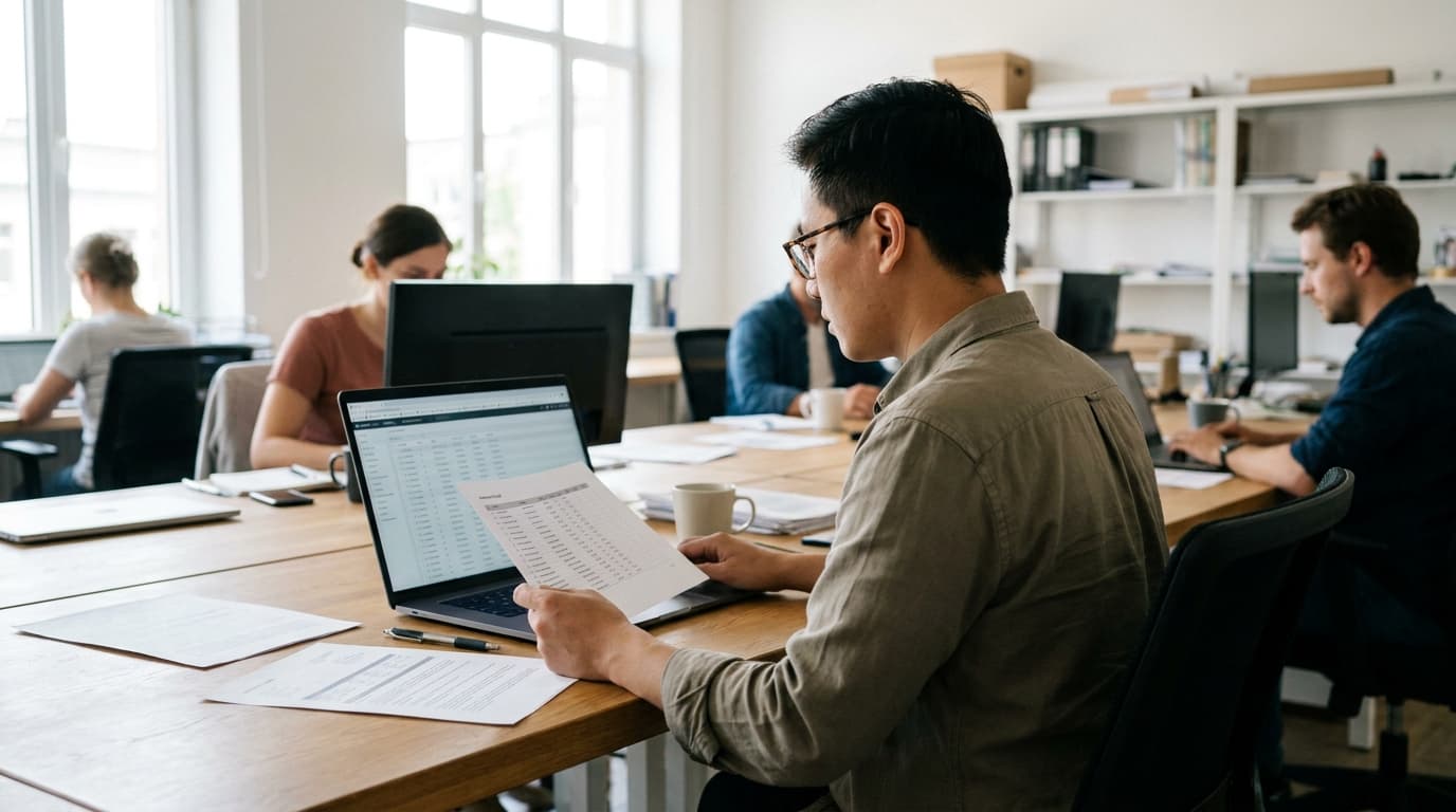 An employee in an office carefully reviews information on a laptop screen while holding a paper document for comparison.