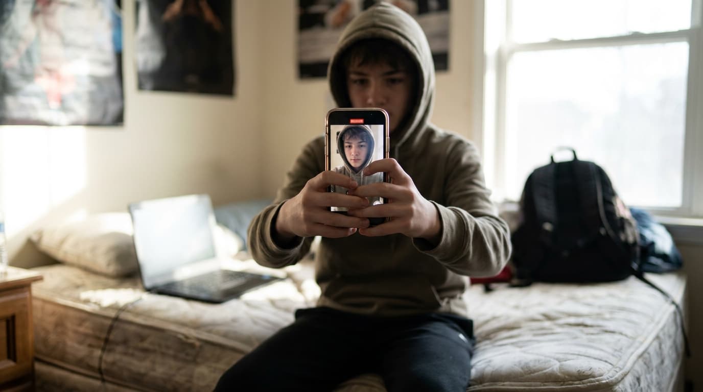 A young person holds a smartphone and uses its front-facing camera for a facial age verification scan.