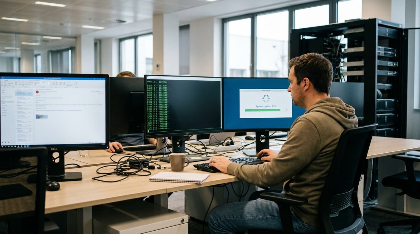 A security analyst at their desk applies a system patch on a computer, with code visible on a second monitor.