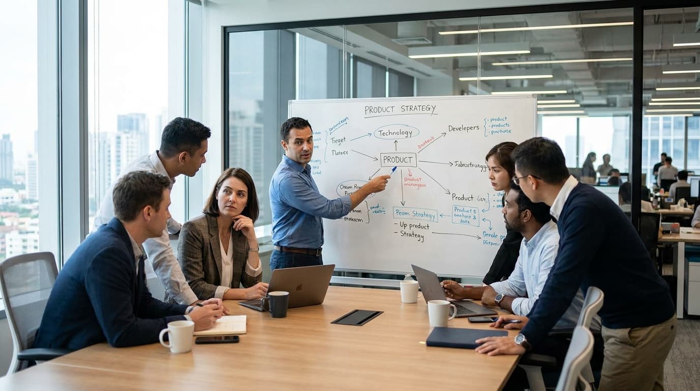 A group of professionals in a meeting room discusses product strategy in front of a whiteboard.
