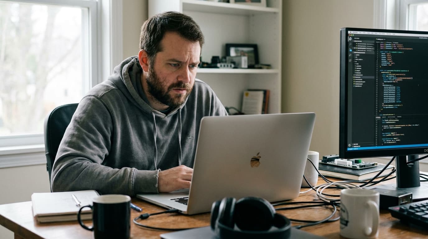 A developer at their desk looks at a laptop showing a Google Chrome browser with an error icon for a browser extension.