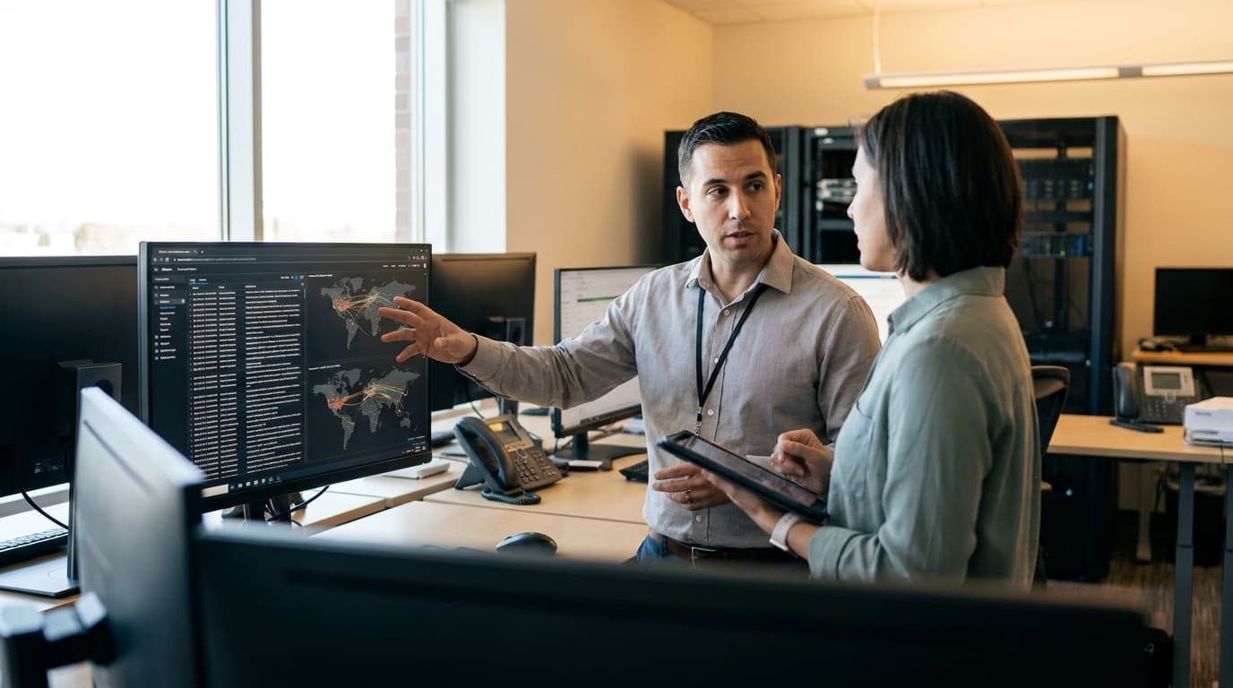 Two security professionals in an office analyze email security performance data displayed on a large screen.