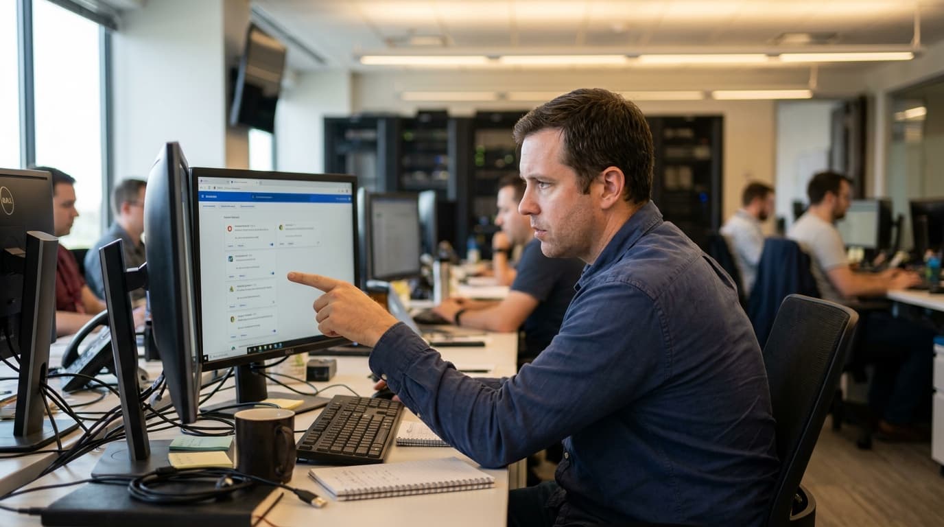 A person in an office points at a list of Google Chrome browser extensions on a computer screen.