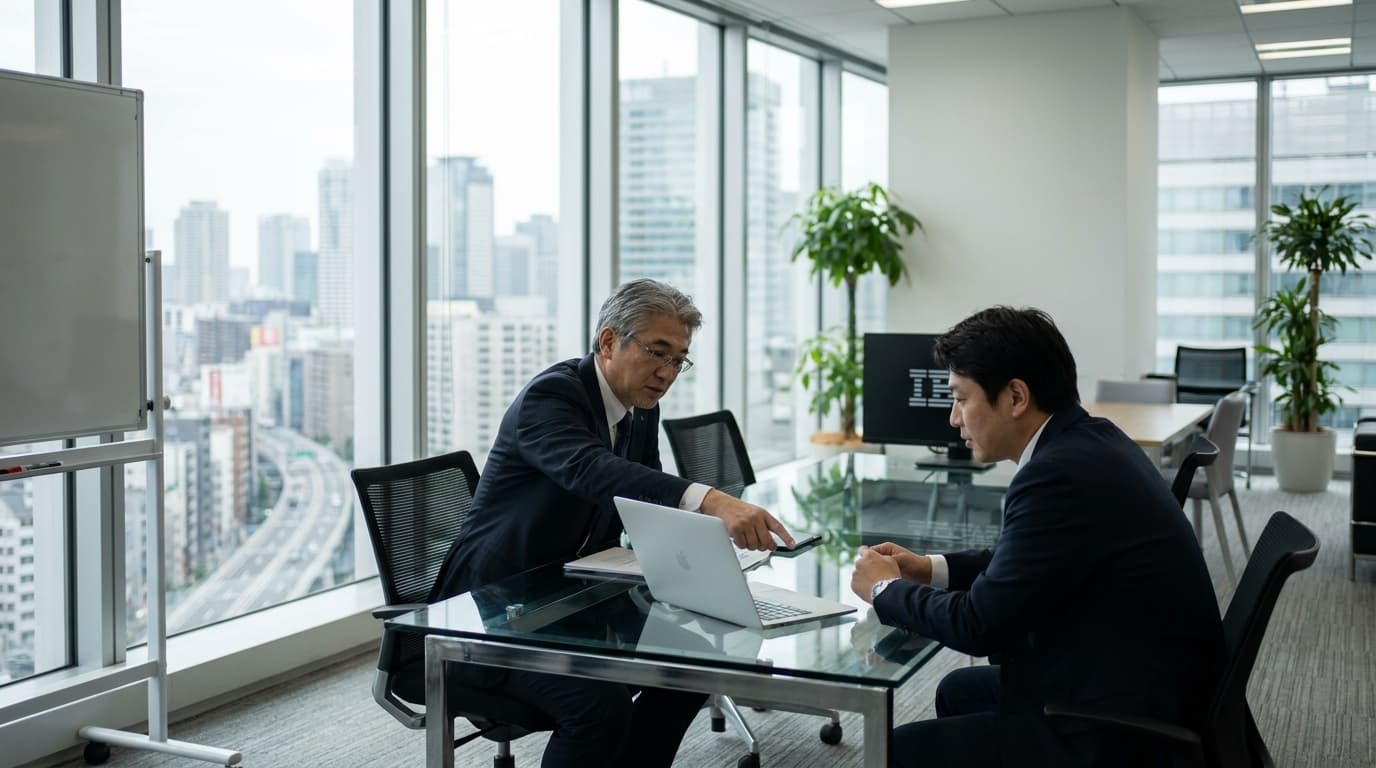 Two IBM Japan executives discuss the new ALSEA AI solution in a corporate meeting room.