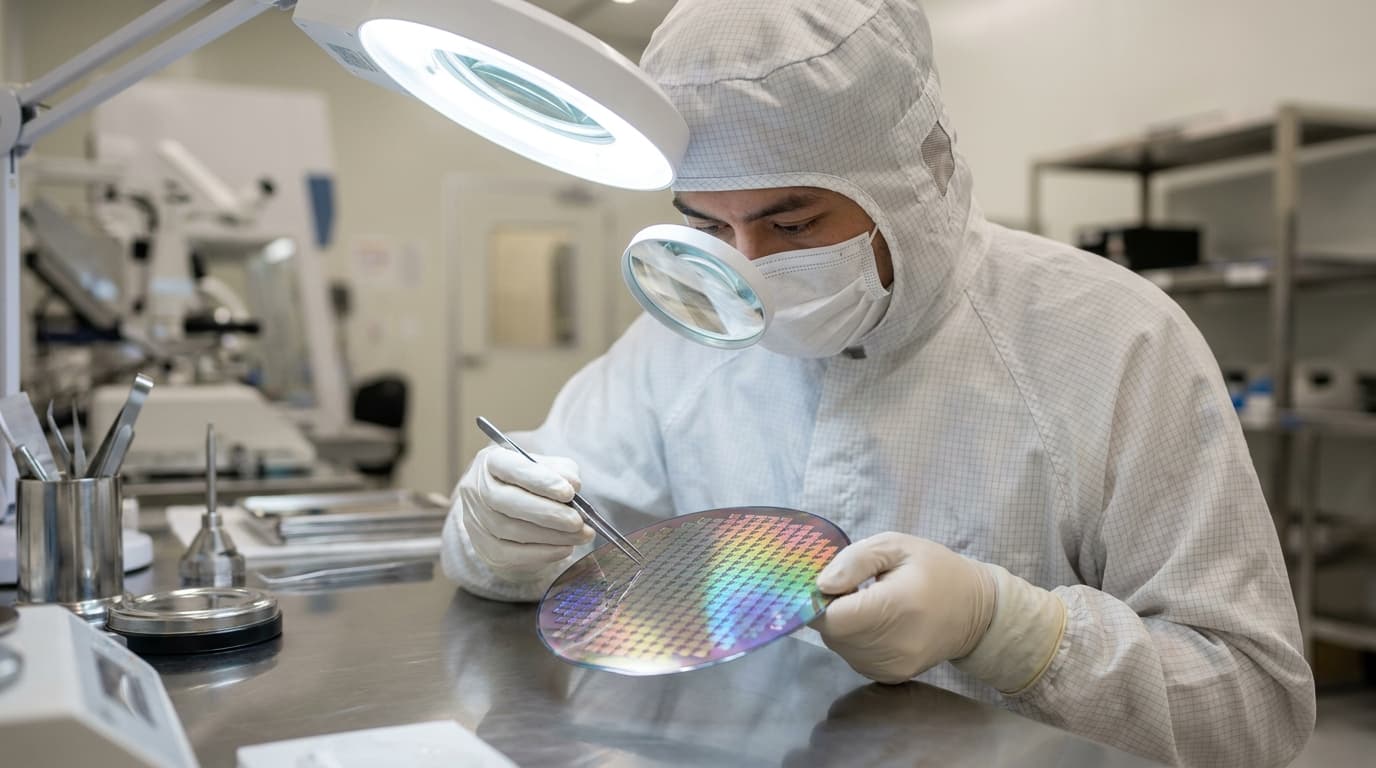 An engineer wearing protective gear examines a silicon wafer covered in microchips in a brightly lit manufacturing lab.