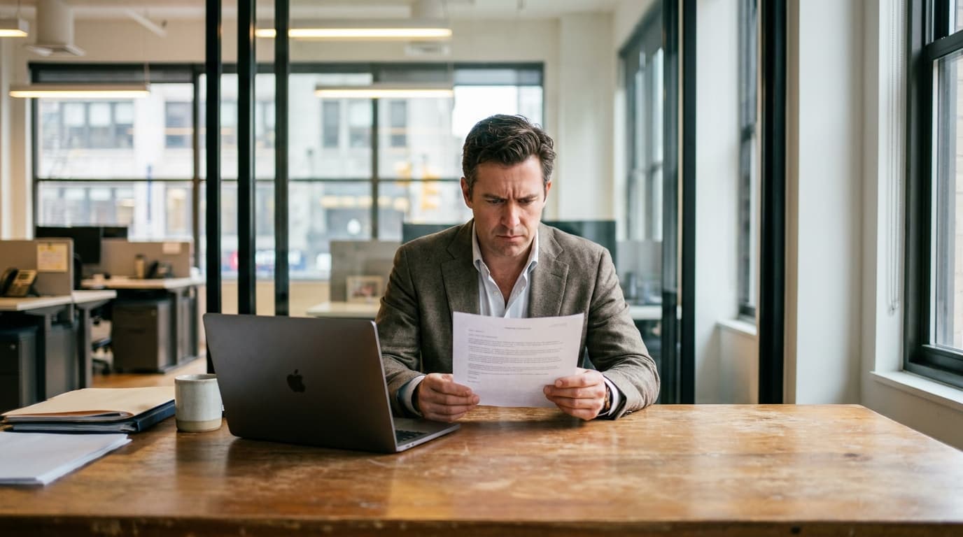 A CEO sits at an office desk, looking over a printed document with a serious and contemplative expression.