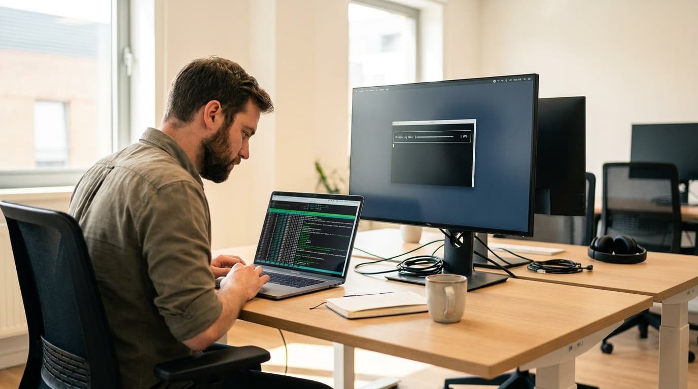 A developer in an office environment monitors a long-running task on their computer setup, with code on one screen and a terminal on another.