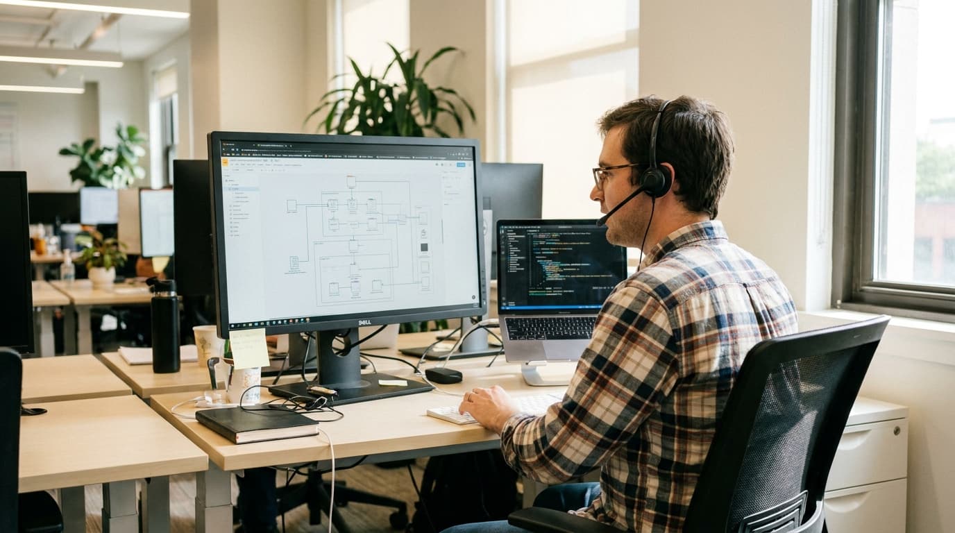 An engineer at their desk speaks into a microphone as a system design diagram appears on their computer screen.