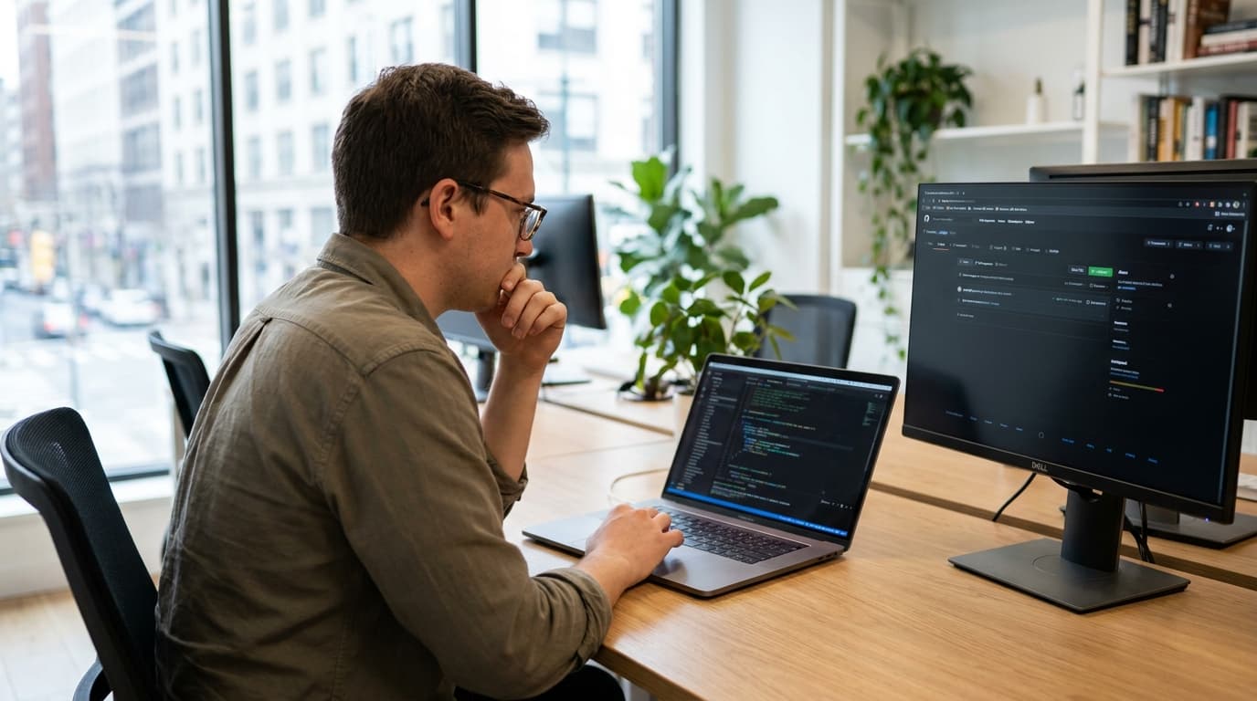 A developer in a modern office reviews code on a laptop, with the GitHub pull requests page visible on a second monitor.