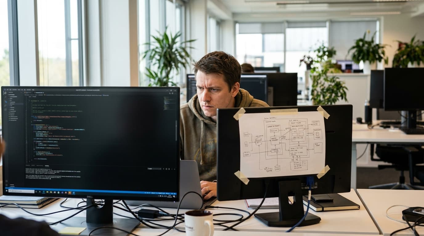 A security engineer analyzes code and a system architecture diagram on two monitors in an office.