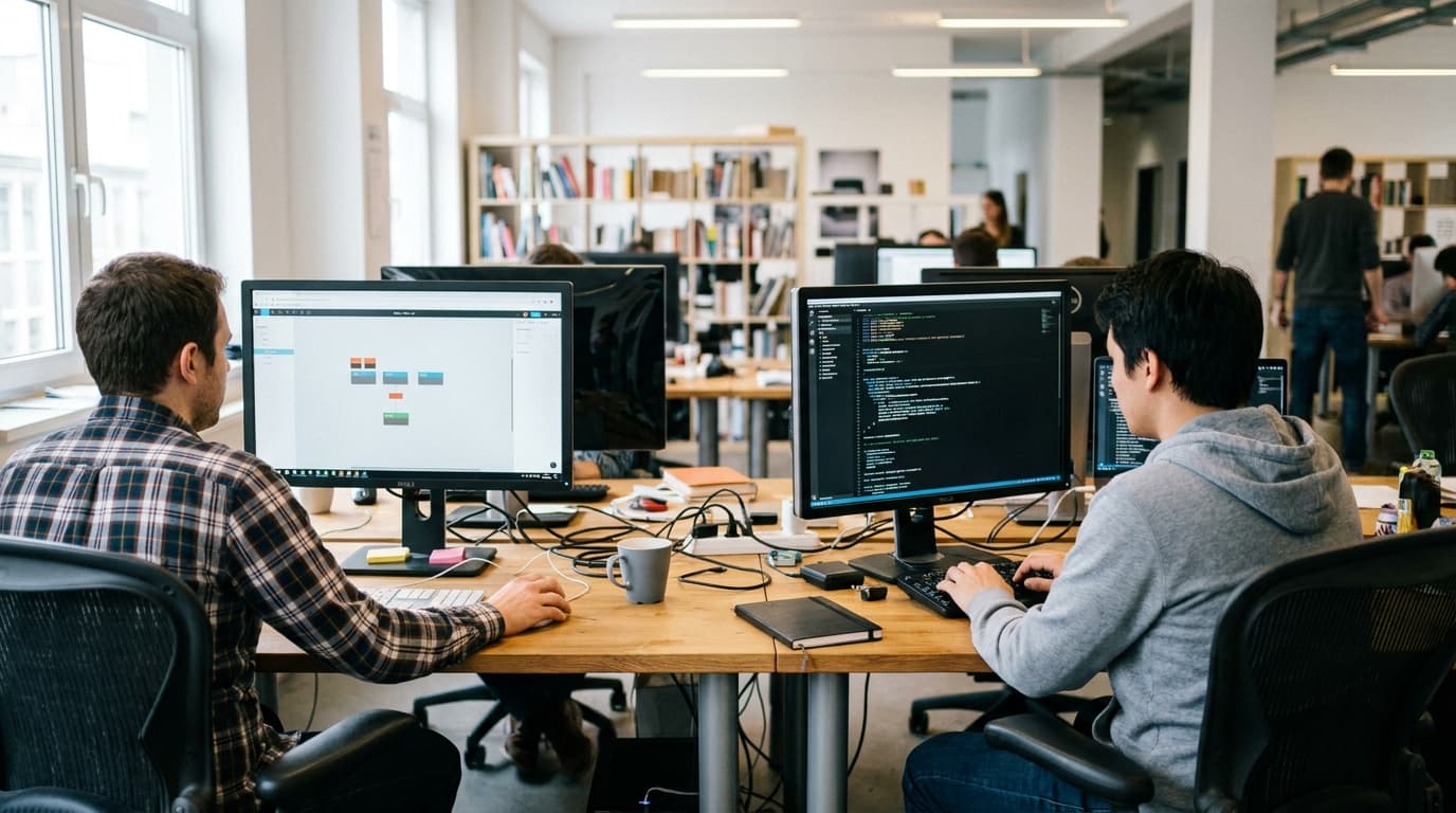 Two software developers work at a shared desk, one using a graphical interface and the other writing code in a terminal.