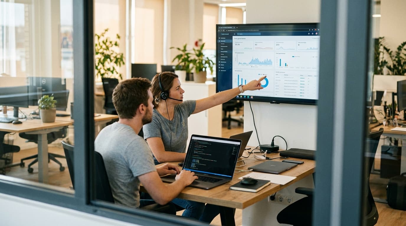 A security analyst and a software developer review AI workflow policies on their computer monitors in an office setting.