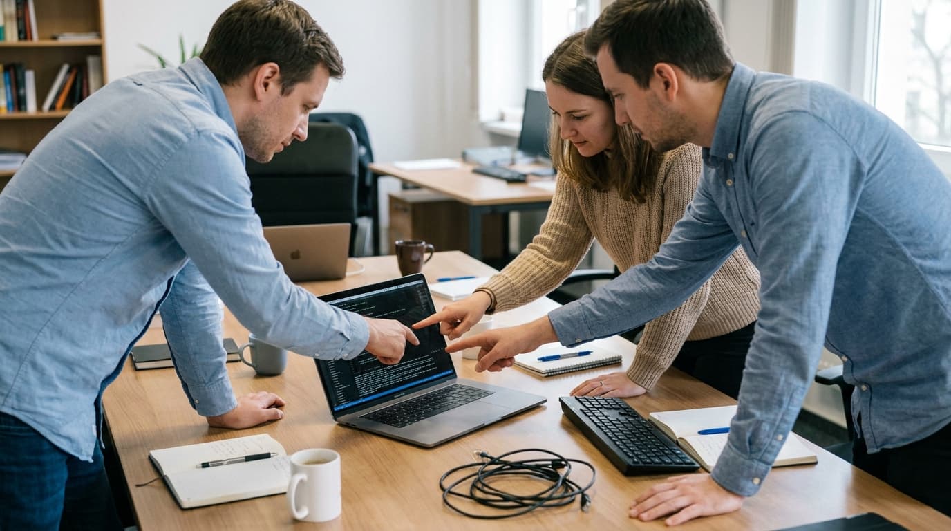 A small group of software engineers collaborates around a laptop in a modern office, analyzing code for security vulnerabilities.