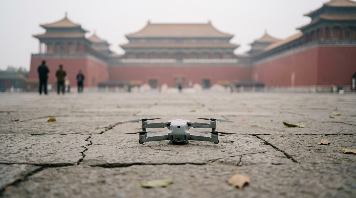 A white consumer drone resting on the ground in a public square in Beijing, China.
