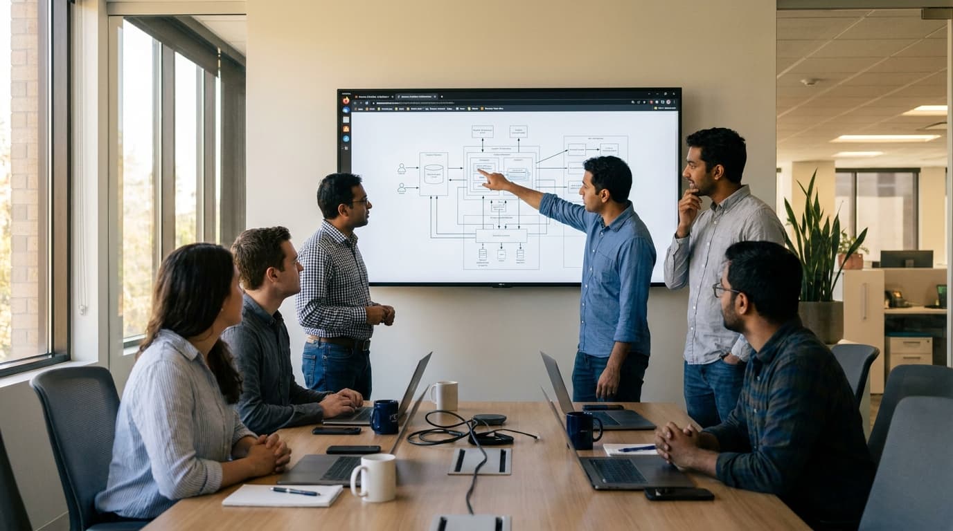 A diverse team of engineers in an office collaborates around a large screen showing a system diagram, discussing AI safety protocols.