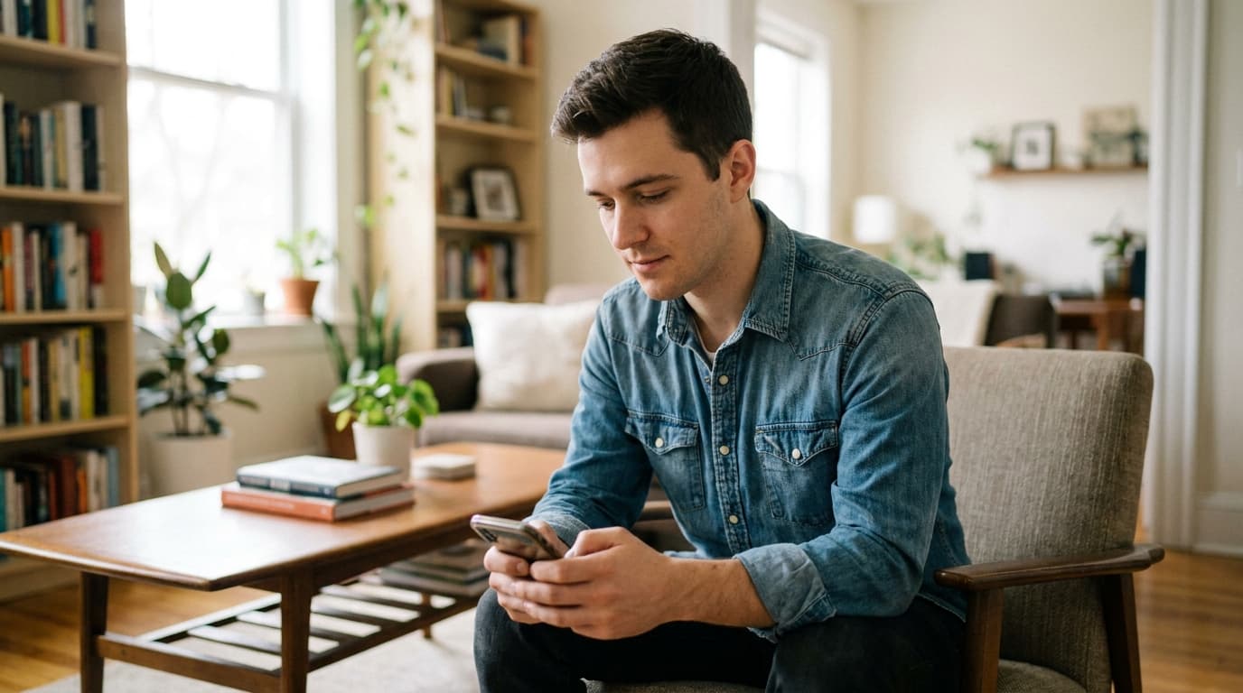 A person sits in a chair holding their smartphone, looking at it with a mindful and relaxed expression.