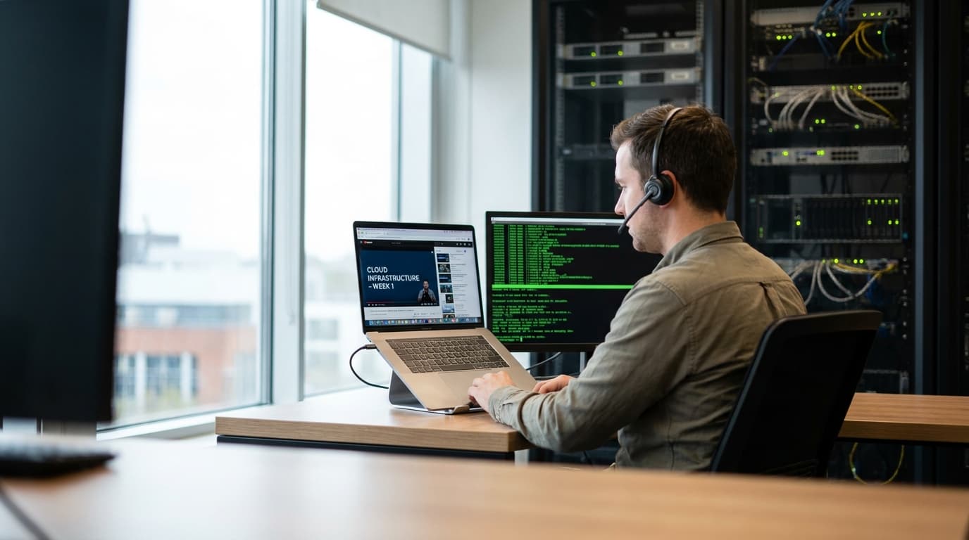 A developer in an office studies a cloud computing course on a laptop, with a terminal open on another screen.