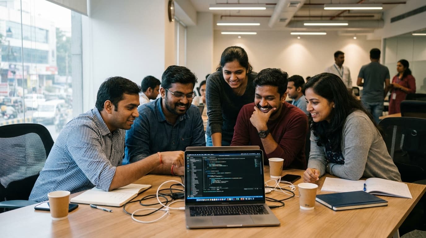Several diverse software developers collaborating over a laptop at a technology conference in India.