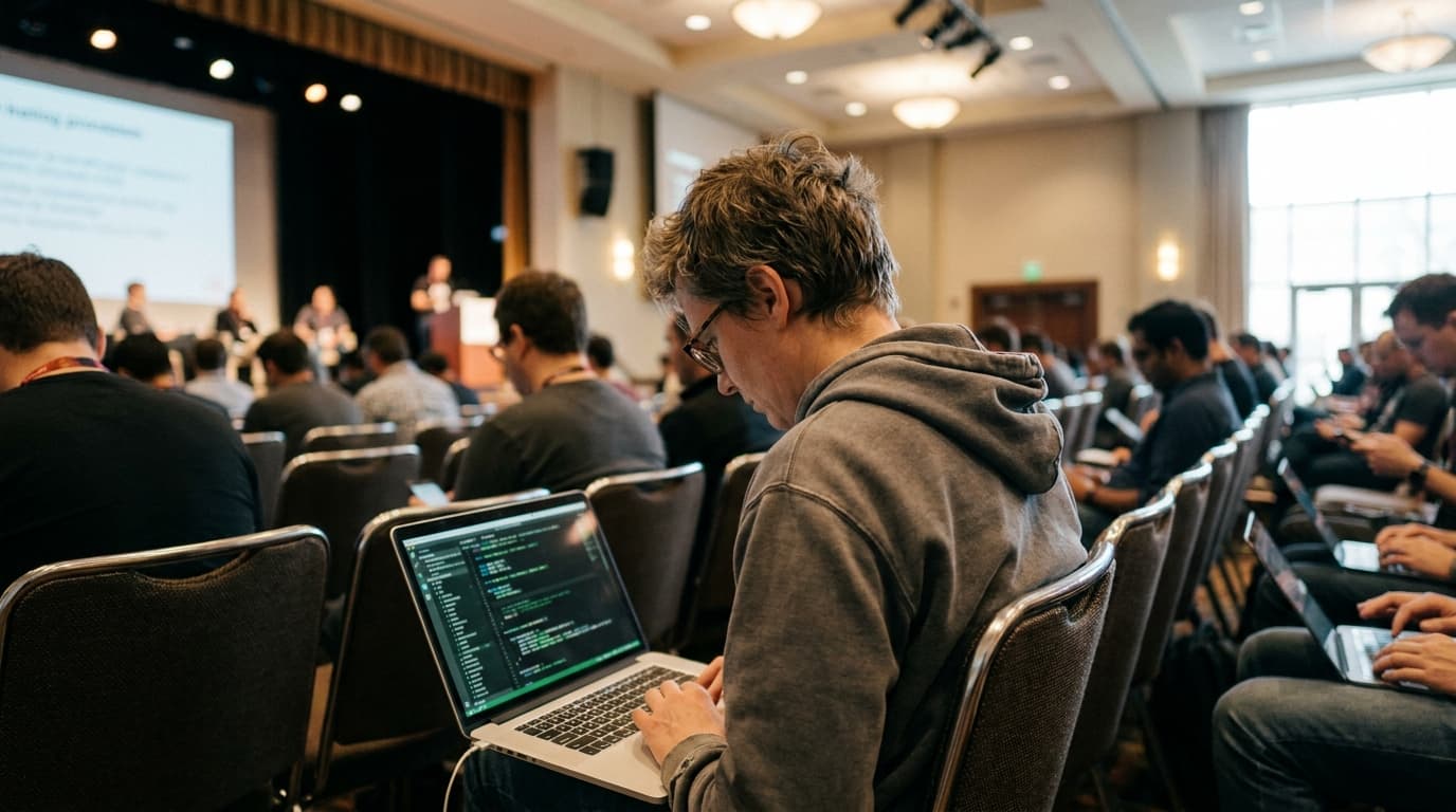 A developer in a conference hall works on a laptop with code on the screen, with other attendees and the stage out of focus.